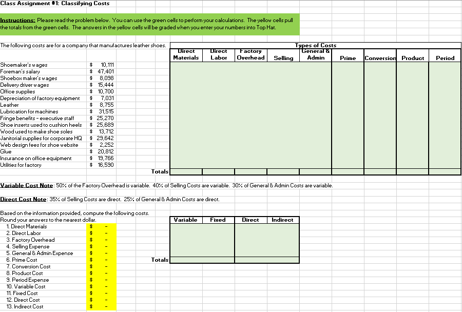 Class Assignment 1: Classifying Costs Instructions Please read the problem below.