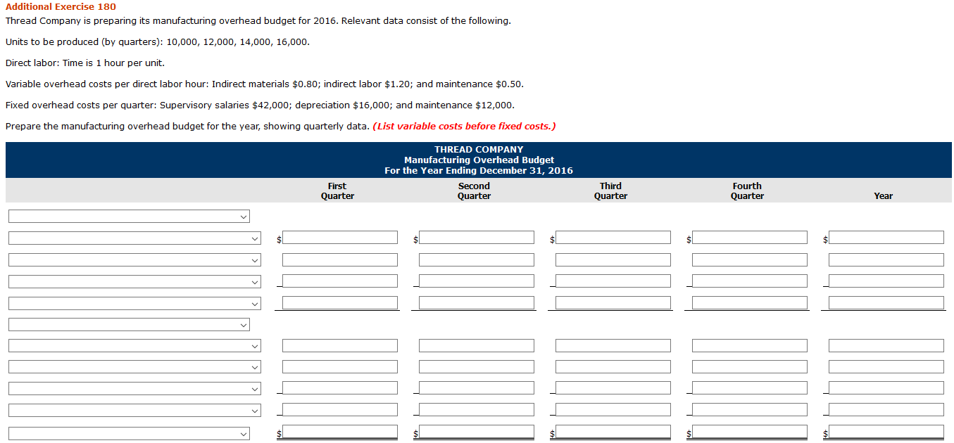 Additional Exercise 180 Thread Company is preparing its manufacturing overhead budget