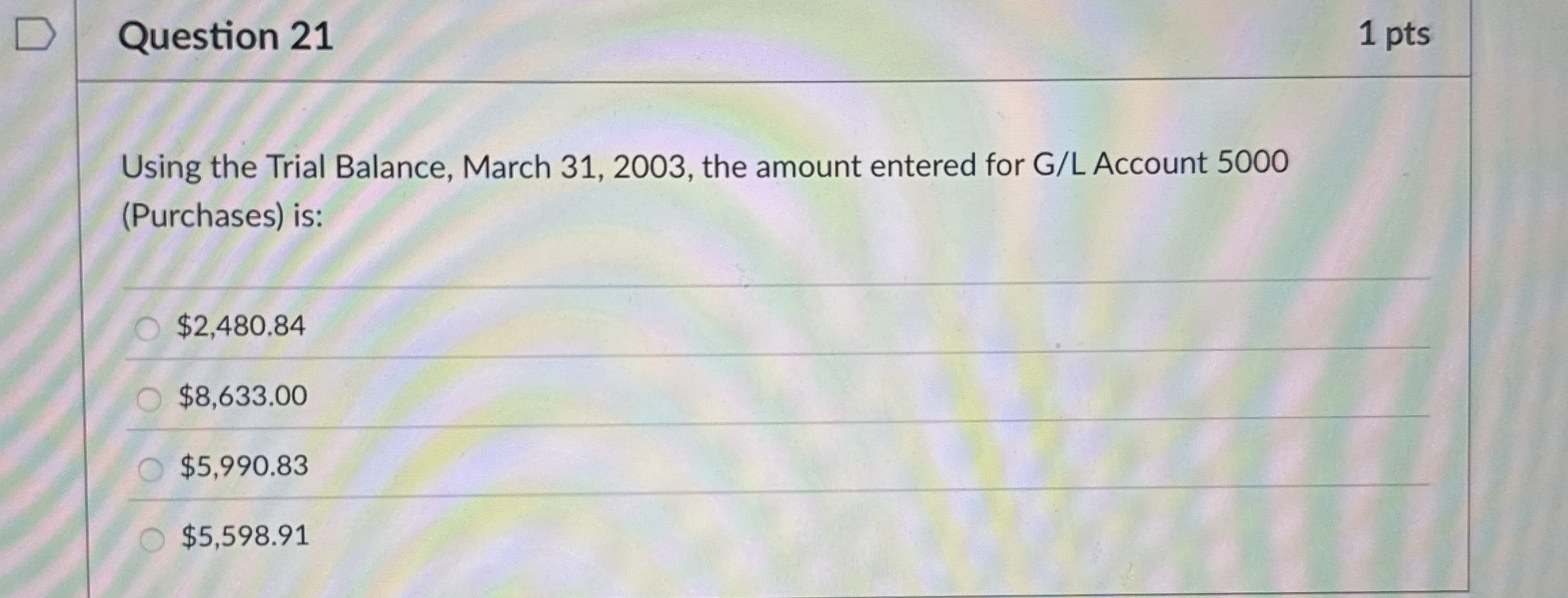  Question 21 Using the Trial Balance, March 31,2003, the amount entered