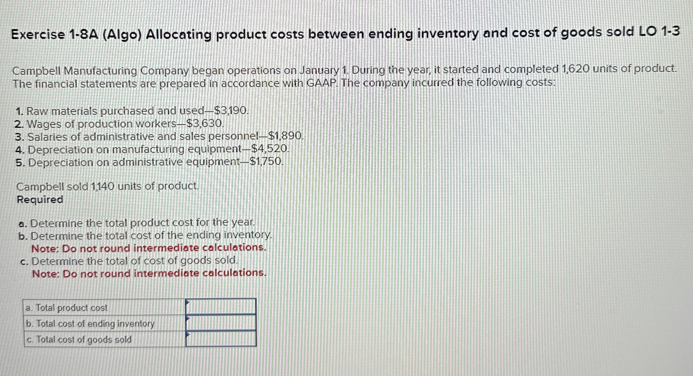  Exercise 1-8A (Algo) Allocating product costs between ending inventory and cost