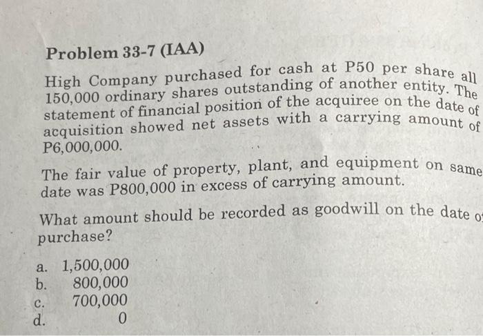 pls include solution Problem 33-7 (IAA) High Company purchased for cash at