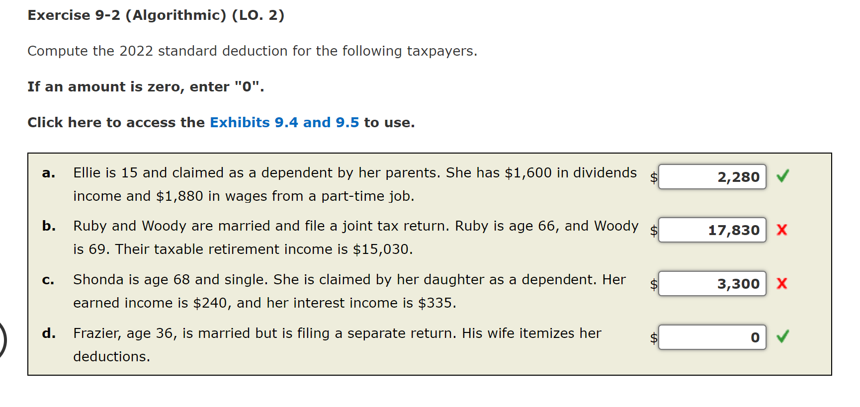  Exercise 9-2 (Algorithmic) (LO. 2) Compute the 2022 standard deduction for