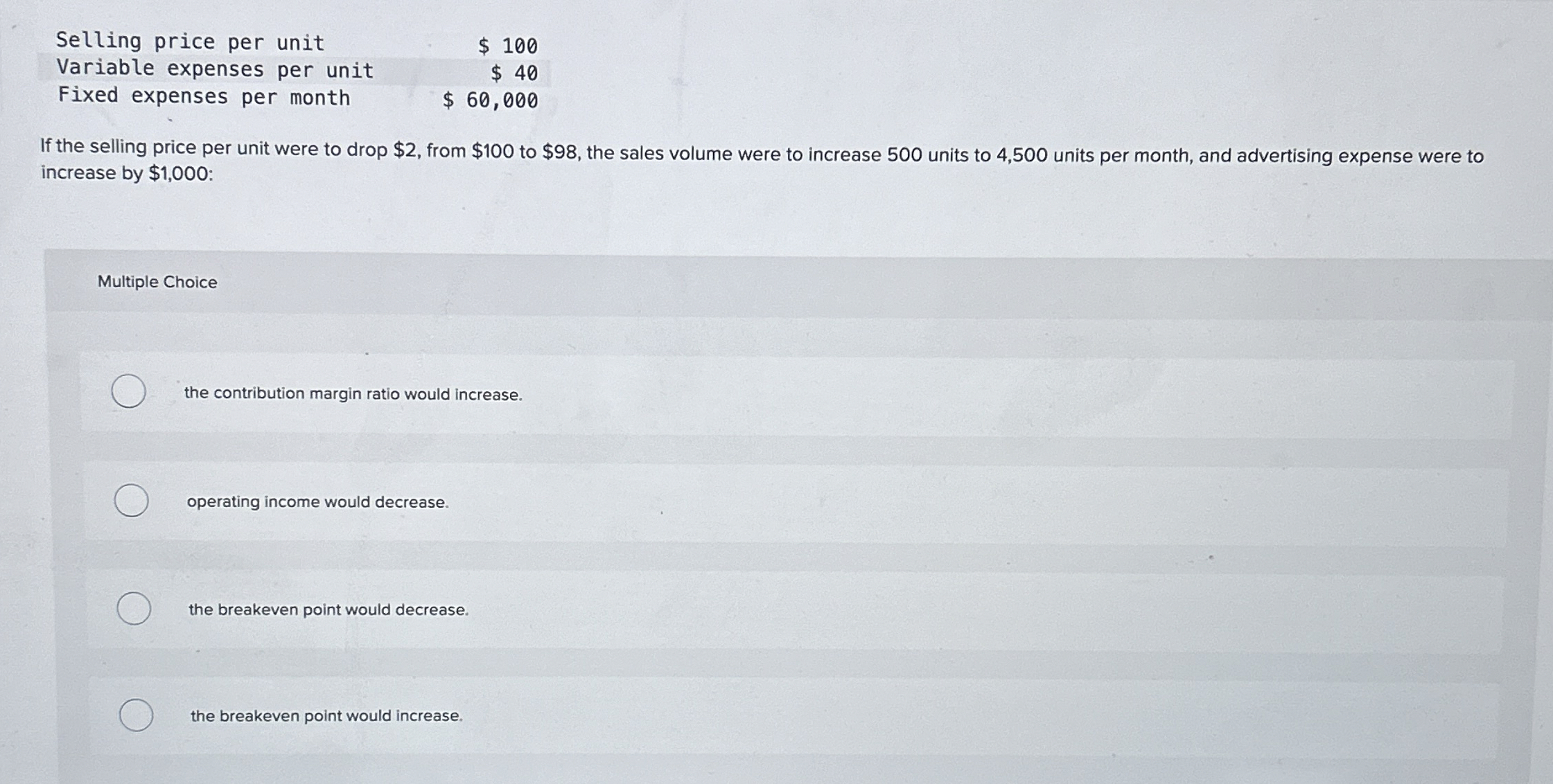  Selling price per unit Variable expenses per unit ,$100 Fixed expenses