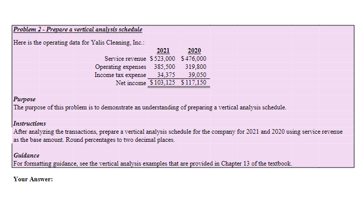 Please explain as well :) Problem 2 - Prepare a vertical analysis