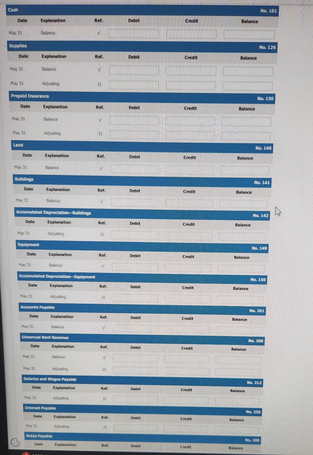 Payable, No. 230 Interest Payable, No. 619 Depreciation Expense, No. 631 Supplies
