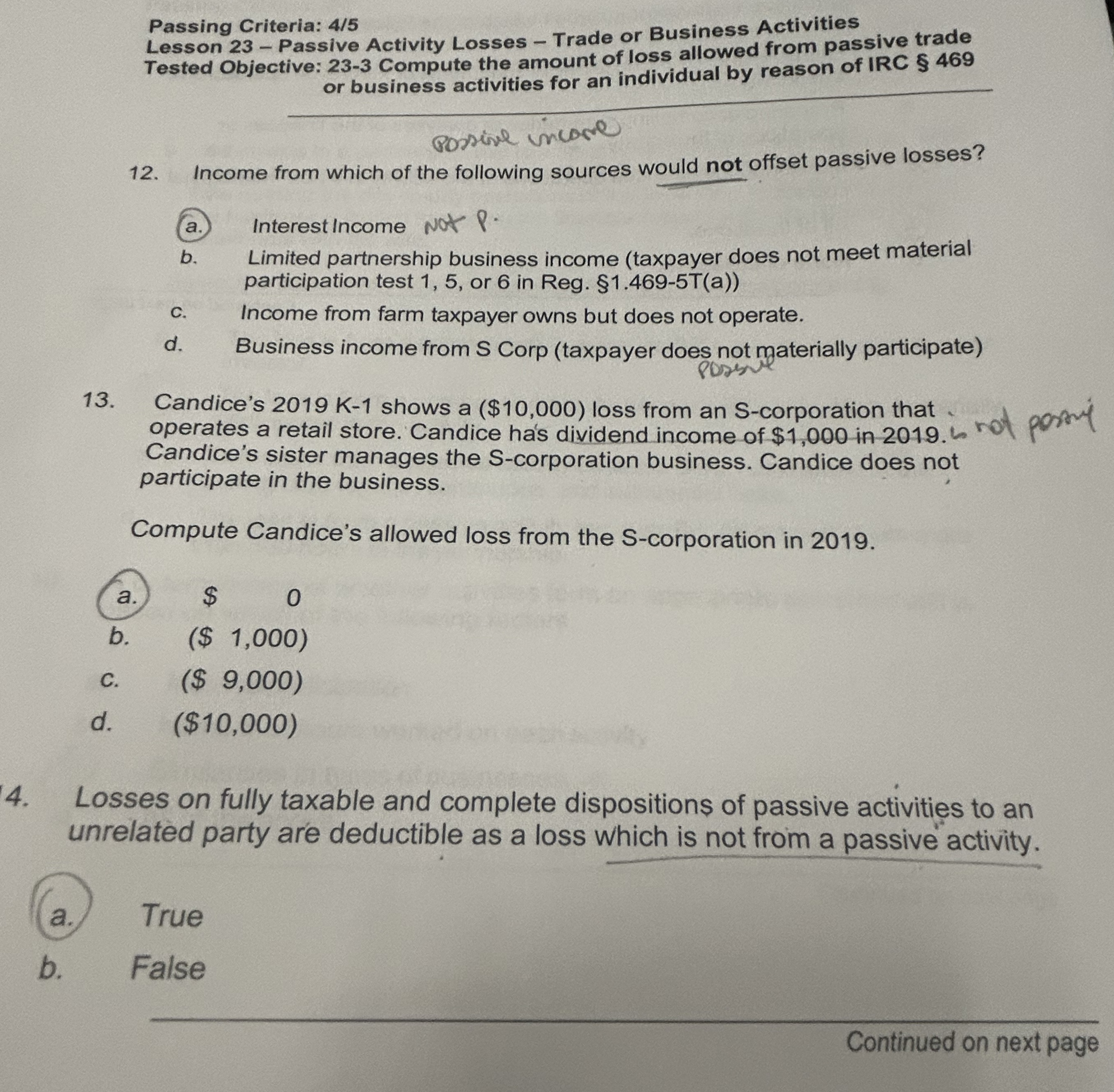  Passing Criteria: 45 Lesson 23- Passive Activity Losses - Trade or