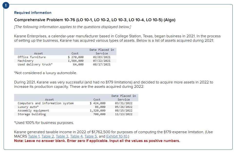 Required information Comprehensive Problem 10-76 (LO 10-1, LO 10-2, LO 10-3, LO