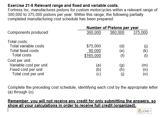 Please show steps, calculations and formulas Exercise 21-6 Relevant range and fixed