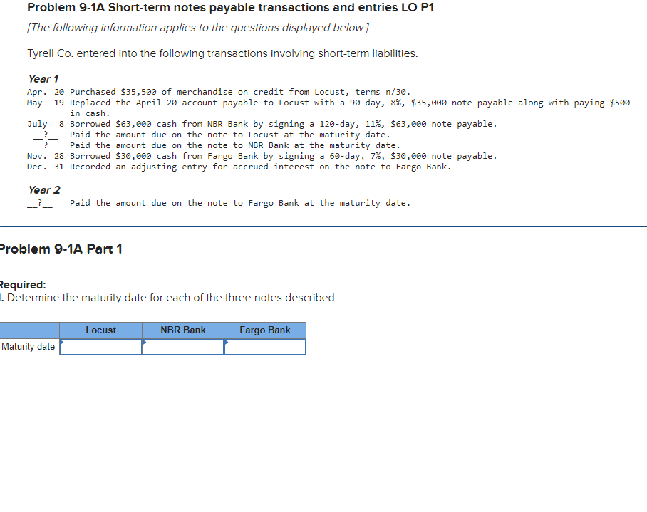 Problem 9-1A Short-term notes payable transactions and entries LO P1 [The