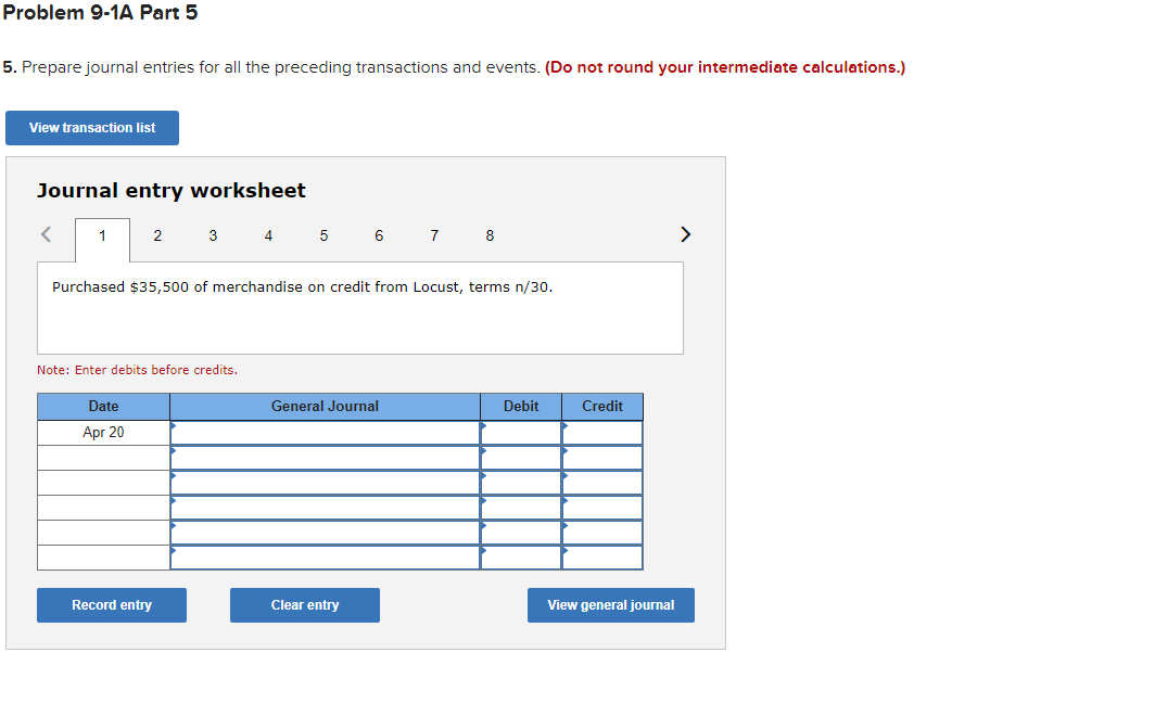 April 20 account payable to Locust with a 90-day, 8%, $35,000 note
