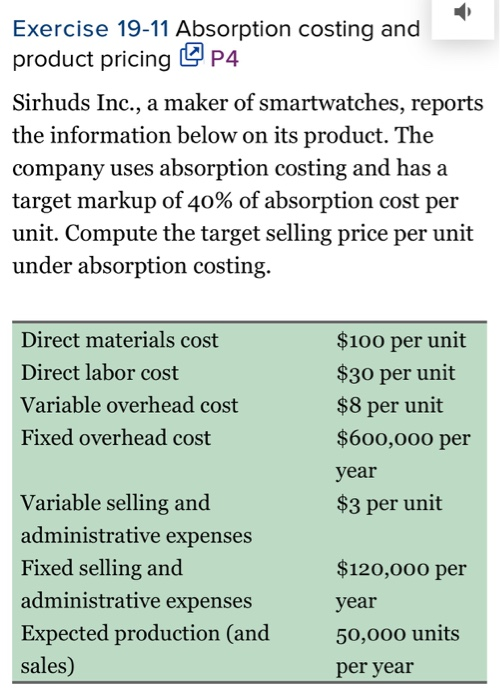 per unit: Direct materials Direct labor Variable overhead Fixed overhead Total Absorption