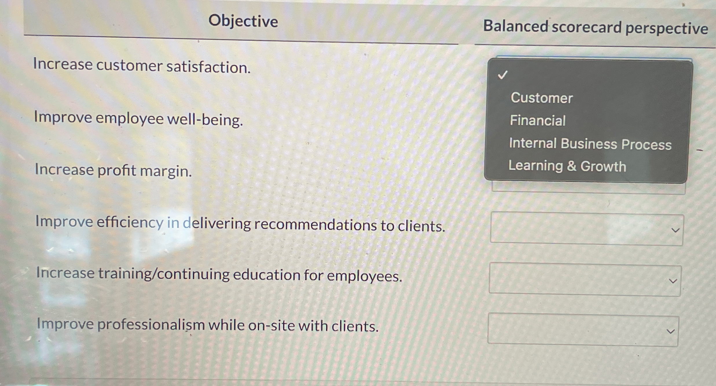  I need help with this problem Objective Increase customer satisfaction. Improve