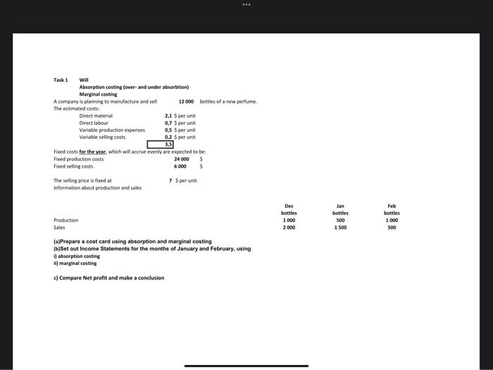  Please help me with this task Task 1 Will Abserption costing