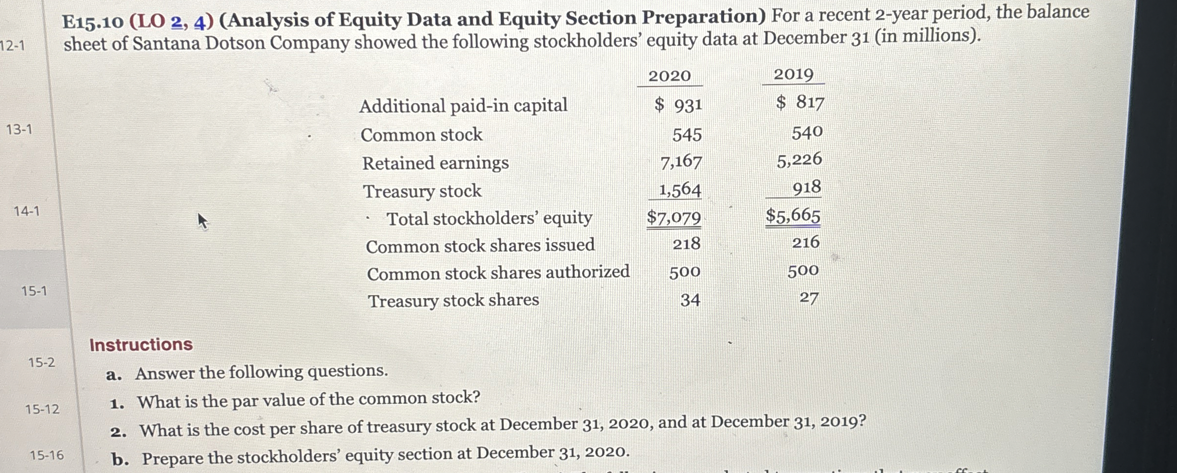  E15.10(LO 2,4)(Analysis of Equity Data and Equity Section Preparation) For a