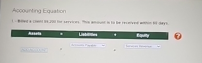  Accounting Equation Billed a client $9.200 for services. This amount is