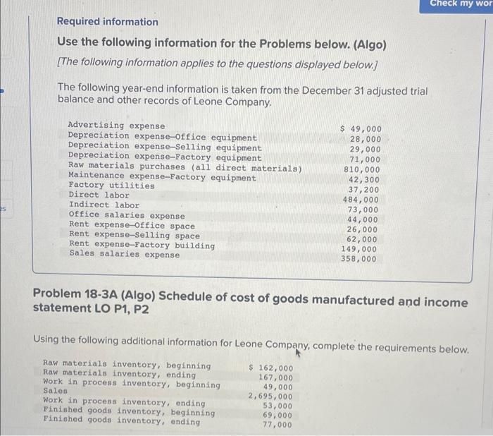  please help Required information Use the following information for the Problems