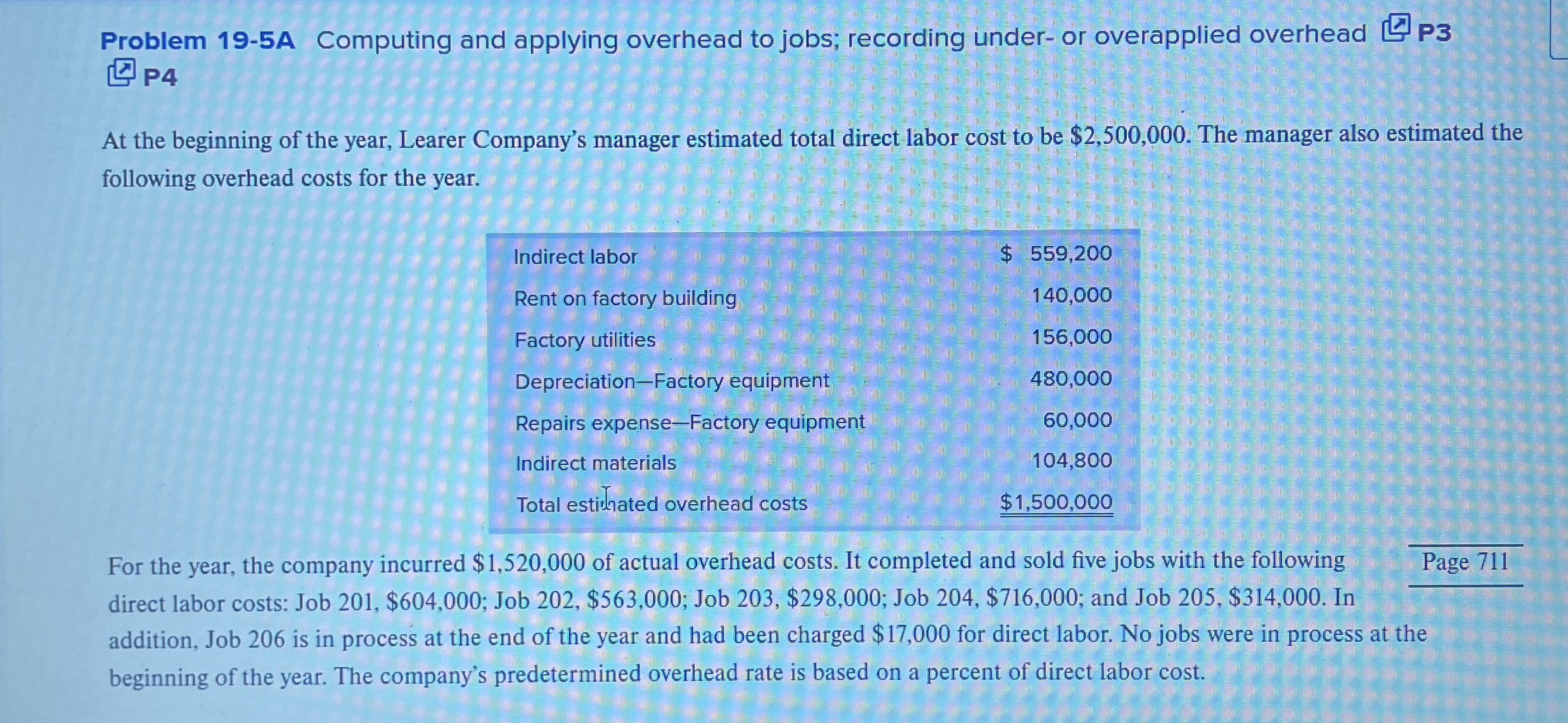  Problem 19-5A Computing and applying overhead to jobs; recording under-or overapplied