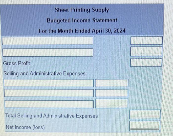 8. Prepare the budgeted balance sheet at April 30,2024. Data table Data