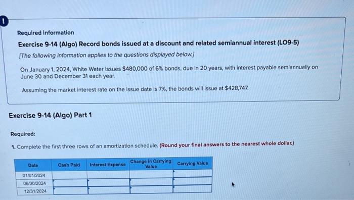  Required information Exercise 9-14 (Algo) Record bonds issued at a discount
