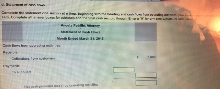  d. Statement of cash flows. Complete the statement one section at