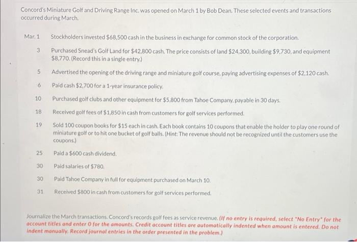 Concord's miniature golf and driving range Inc. was opened on March 1