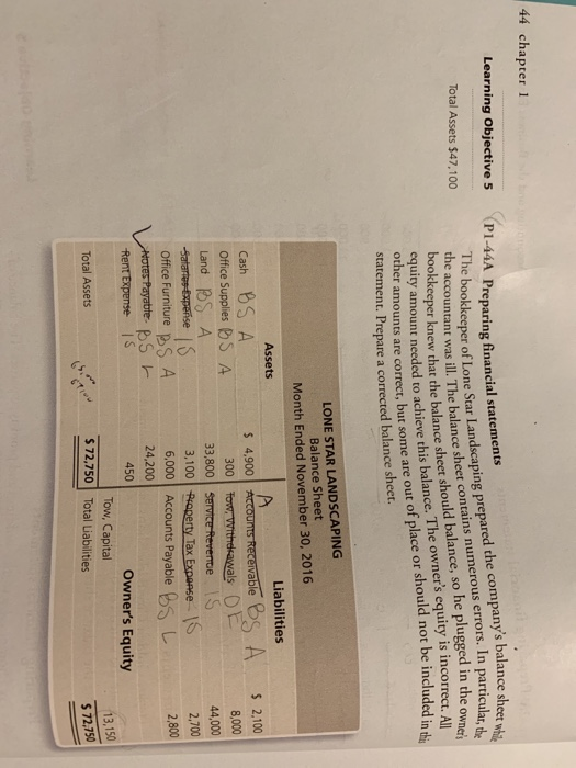 please no handwriting 44 chapter Learning Objective 5 P1-44A Preparing financial statements
