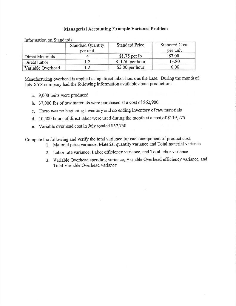 Managerial Accounting Example Variance Problem Standard Price Standard Cost per unit
