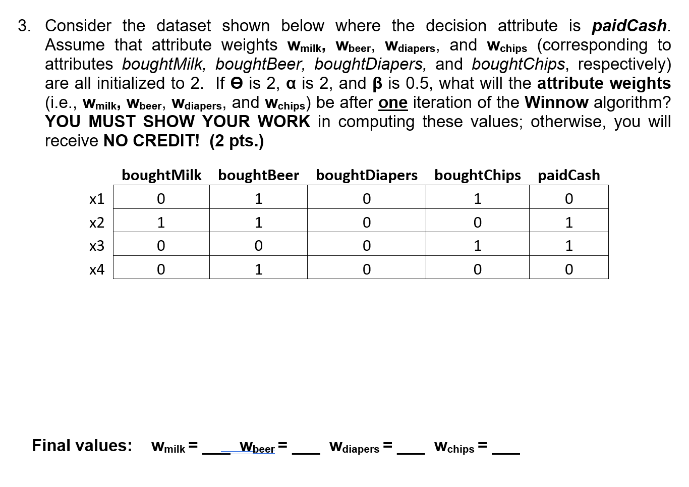 3. Consider the dataset shown below where the decision attribute is