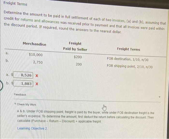 please help finding a and b Freight Terms Determine the amount to