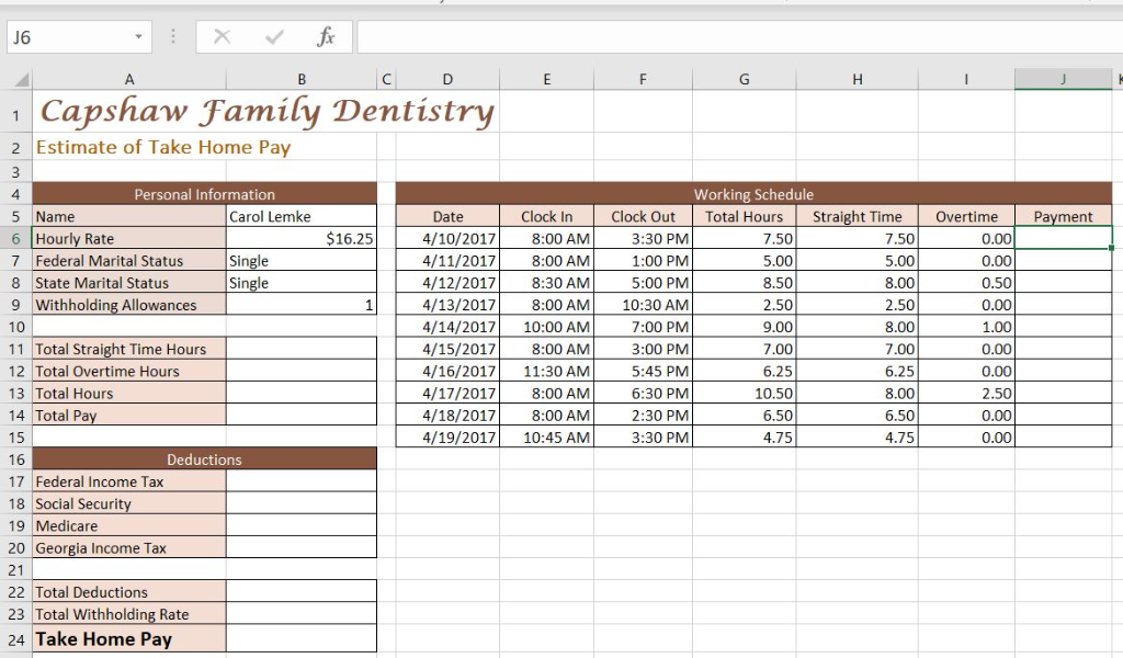 How do I create the formula for cell J6? In cell J6,