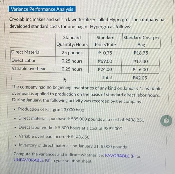 With complete solution please Variance Performance Analysis Cryolab Inc makes and sells