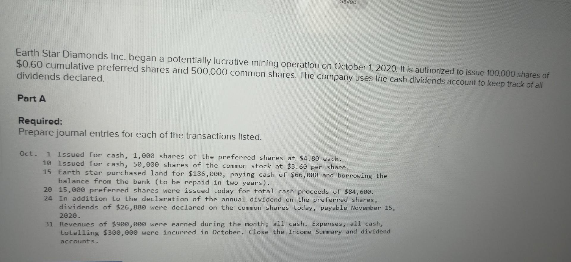  Part B Based on the transactions in Part A, prepare the