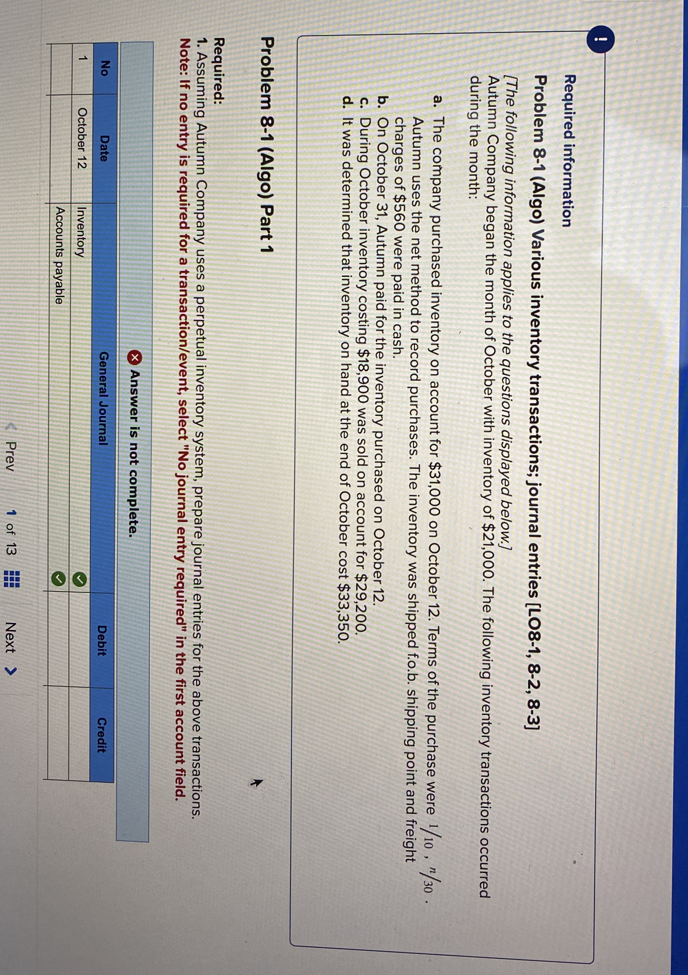  ! Required information Problem 8-1(Algo) Various inventory transactions; journal entries [LO8-1,8-2,8-3]