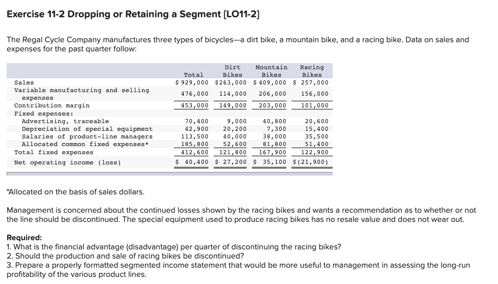  Exercise 11-2 Dropping or Retaining a Segment (LO11-2) The Regal Cycle