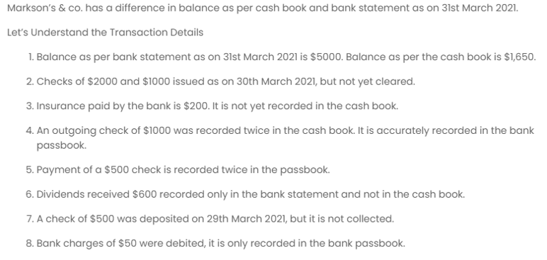 Prepare bank reconcilliation statement Markson's \& co. has a difference in balance