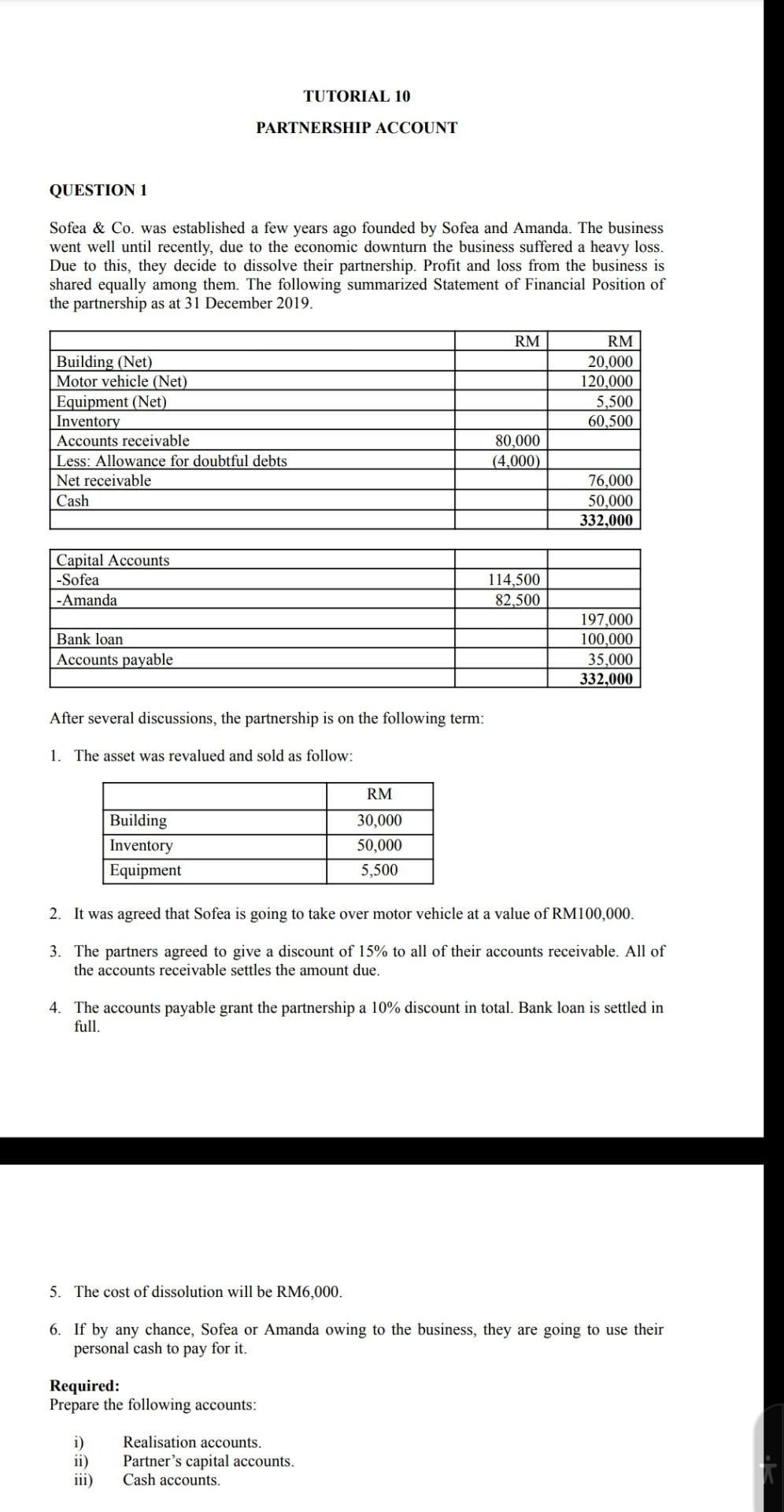  TUTORIAL 10 PARTNERSHIP ACCOUNT QUESTION 1 Sofea \& Co. was established