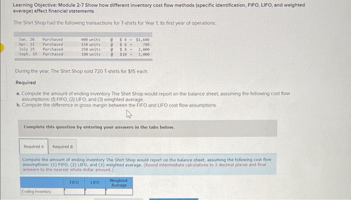 please answer both gross margin and ending inventory thanks!! Learning Objective: Module