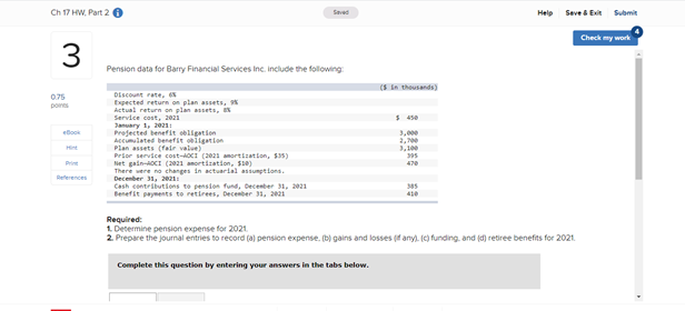 Ch 17 HW. Part 2 Saved Help Save & Suomi Check