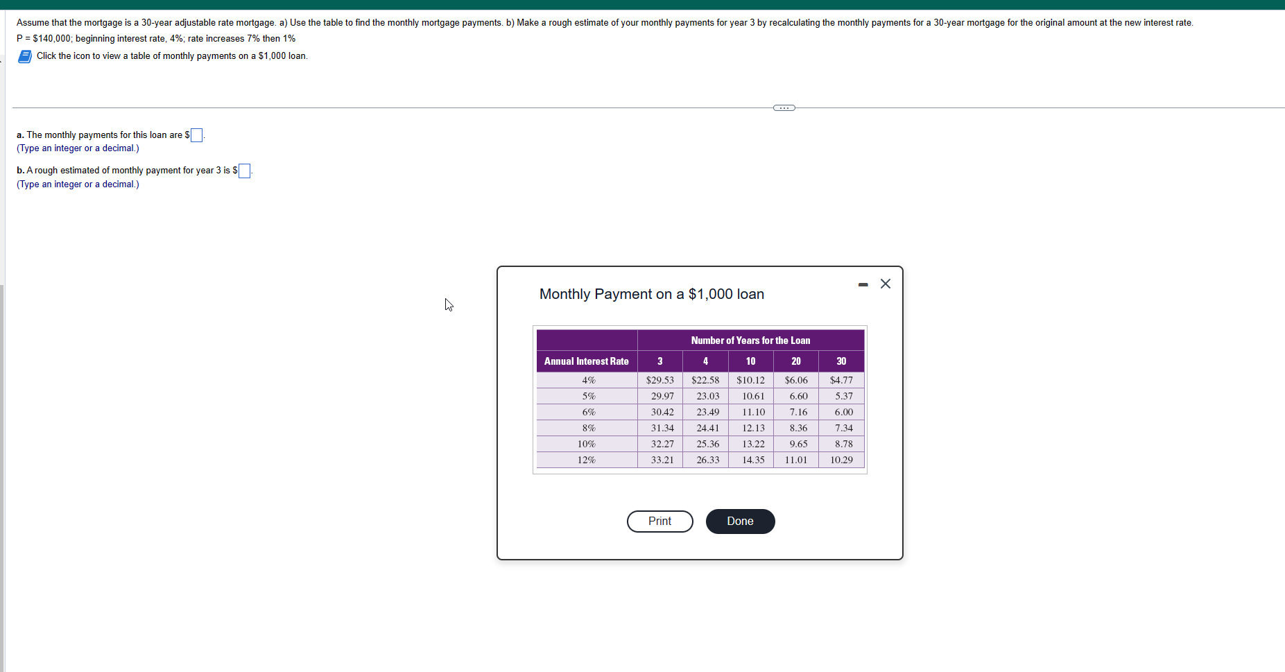 P=$140,000; beginning interest rate, 4%; rate increases 7% then 1% Click