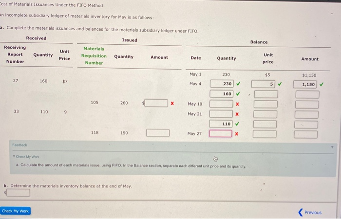 please help!! Cost of Materials Issuances Under the FIFO Method An incomplete