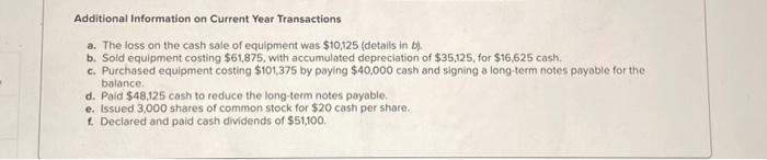 cash sale of equipment was $10,125 (details in b). b. Sold equipment