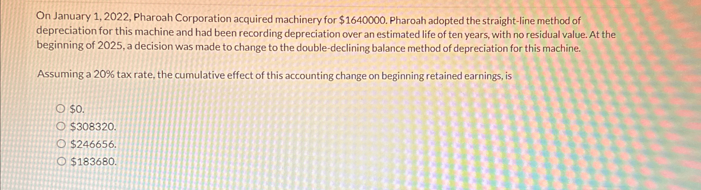  On January 1,2022, Pharoah Corporation acquired machinery for $1640000. Pharoah adopted