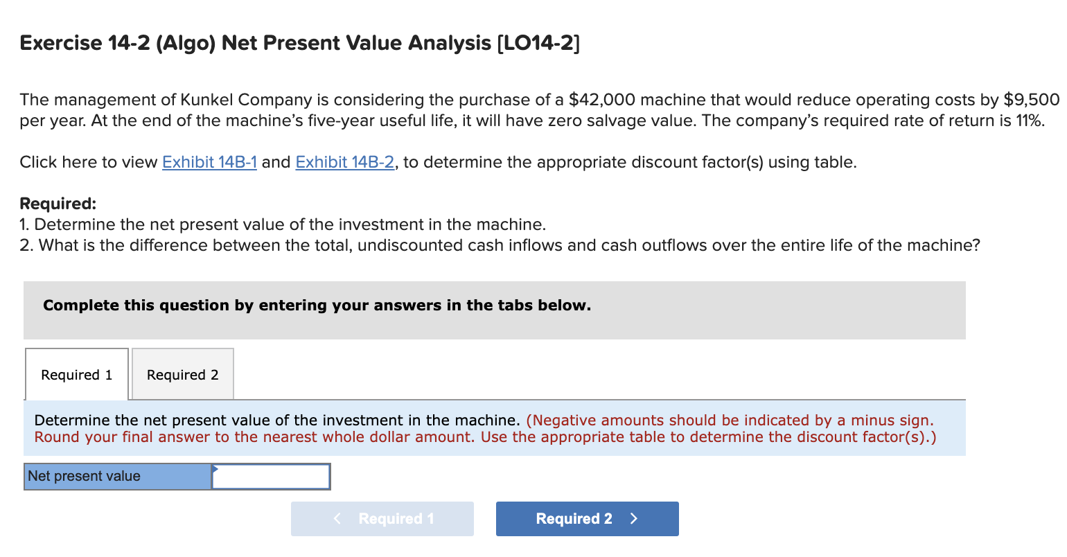  Exercise 14-2 (Algo) Net Present Value Analysis (LO14-2] The management of