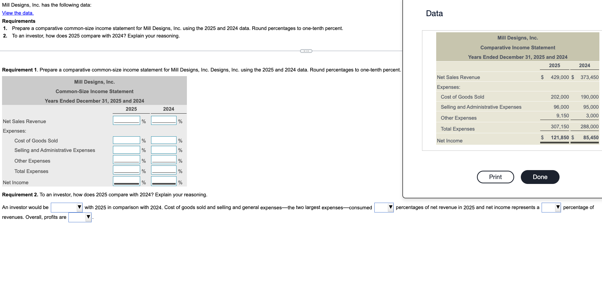  Mill Designs, Inc. has the following data: View the data. Requirements