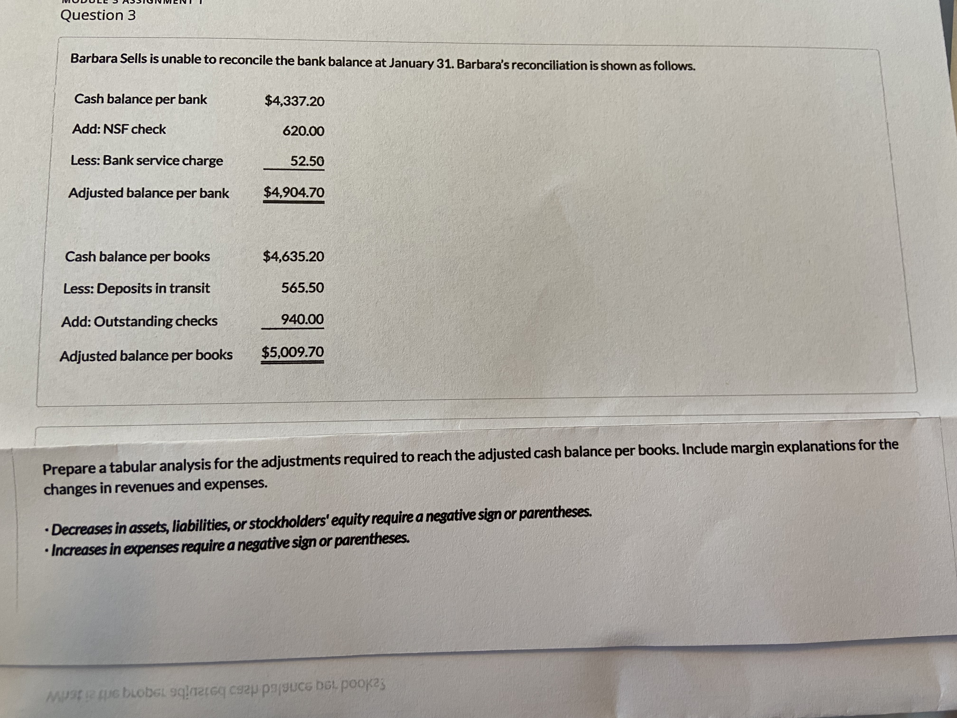  Prepare a tabular analysis for the adjustments required to reach the