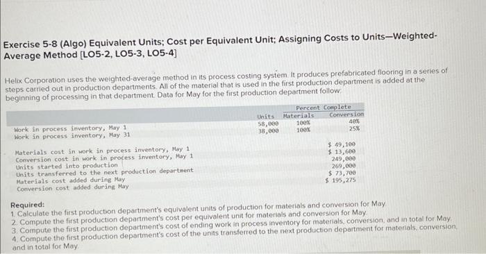  Exercise 5-8 (Algo) Equivalent Units; Cost per Equivalent Unit; Assigning Costs