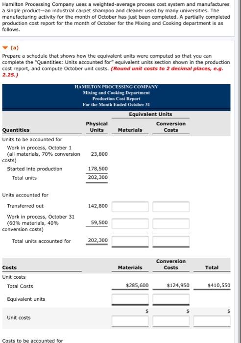  Hamilton Processing Company uses a weighted average process cost system and