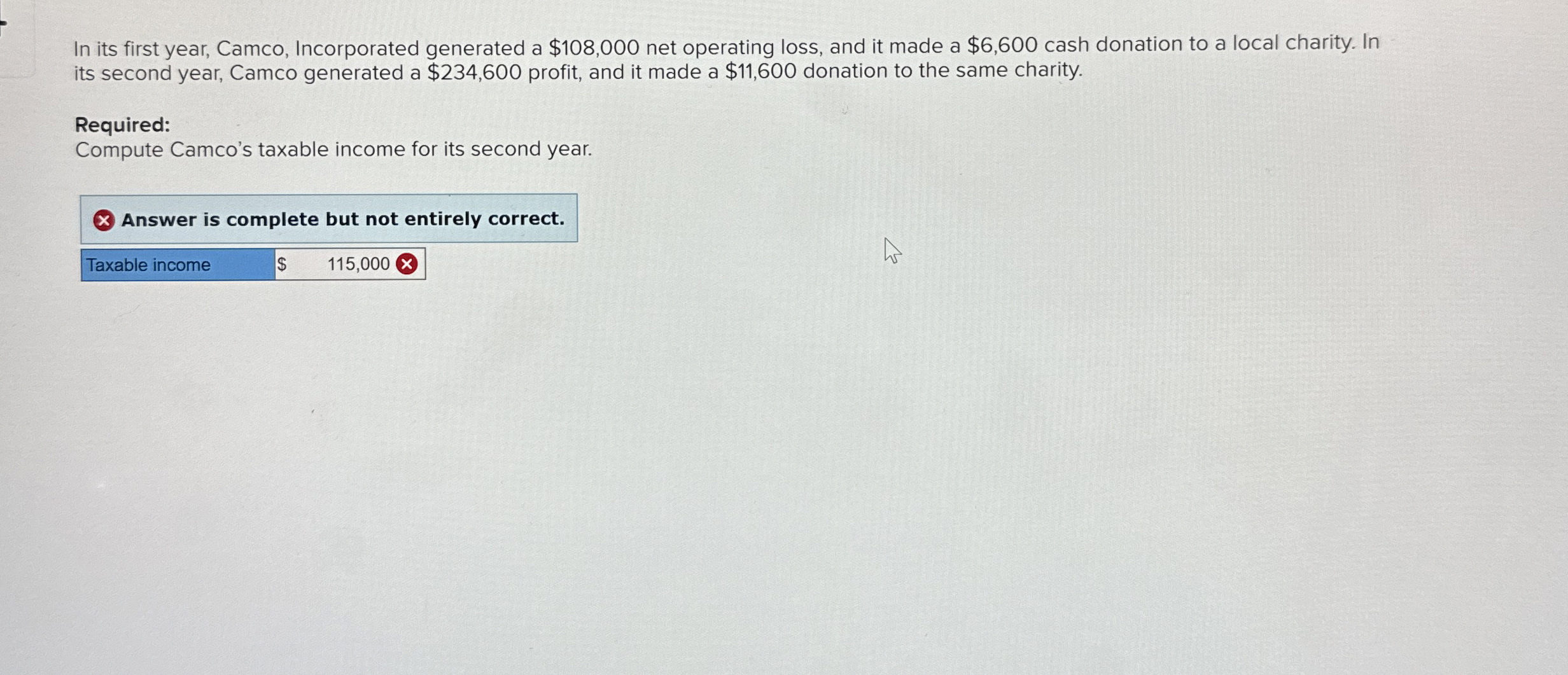  In its first year, Camco, Incorporated generated a $108,000 net operating