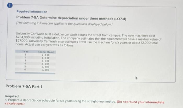  Required information Problem 7-5A Determine depreciation under three methods (L07-4) (The
