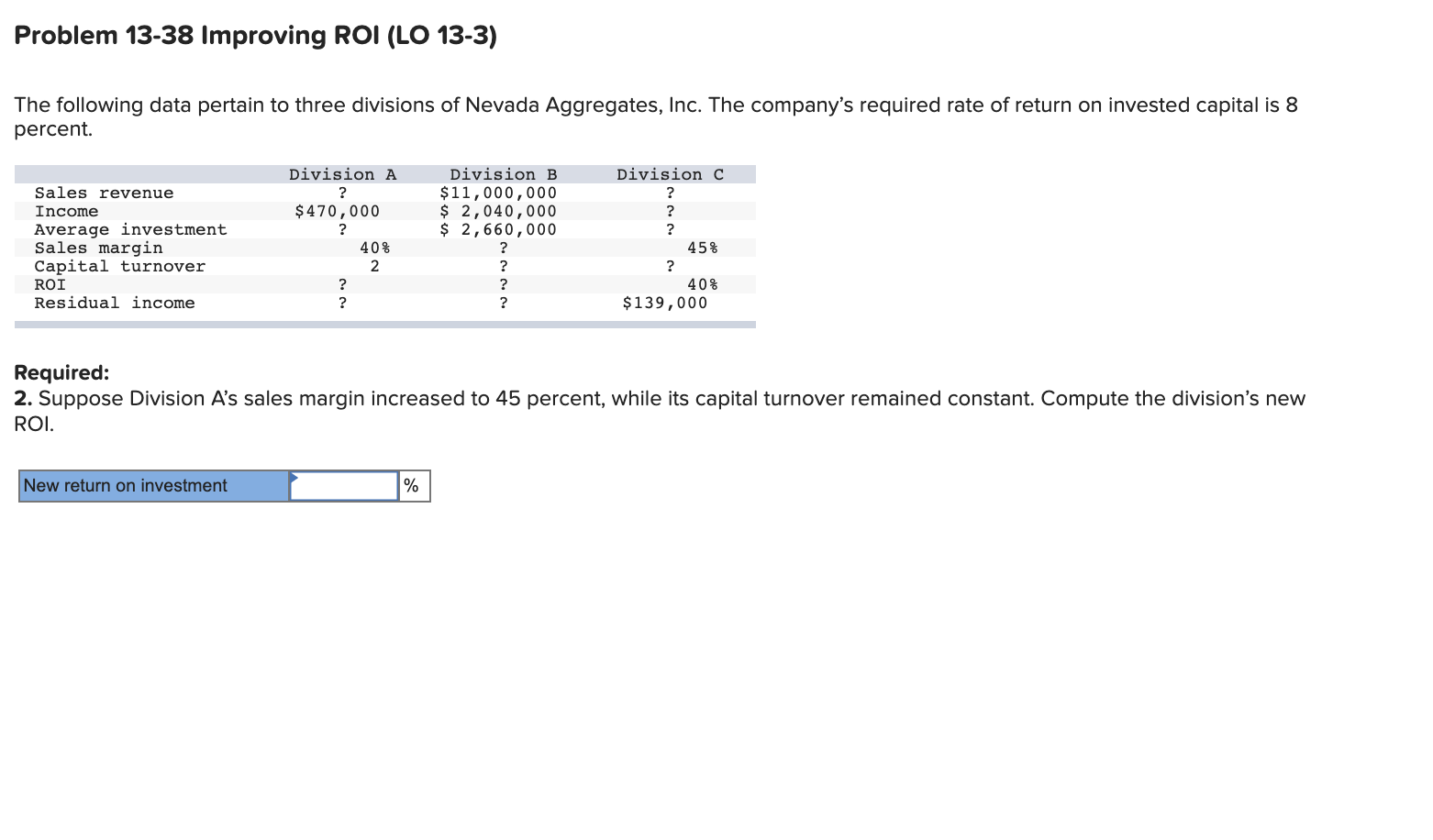  Problem 13-38 Improving ROI (LO 13-3) The following data pertain to